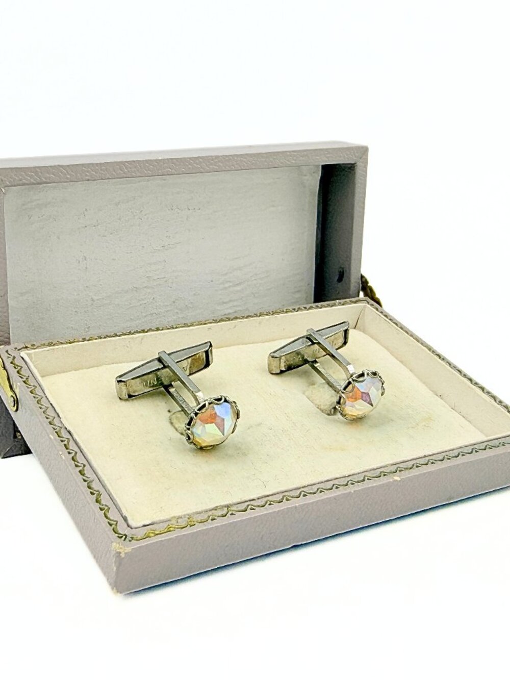 MCM Marked Pat Pend AB Crystals Silver Plated Evening Wear Cufflinks